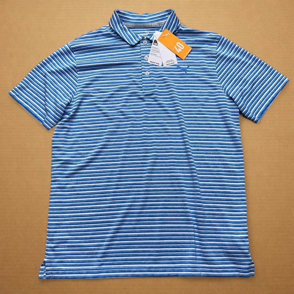 Puma MATTR NWT Polo Mens Sz L Blue White Striped Performance 628822 Golf  Summer